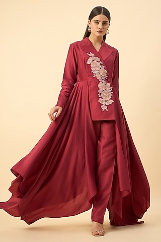 Crimson Red Cotton Silk Floral Embroidered Handkerchief Blazer Tunic Set by Aakaar