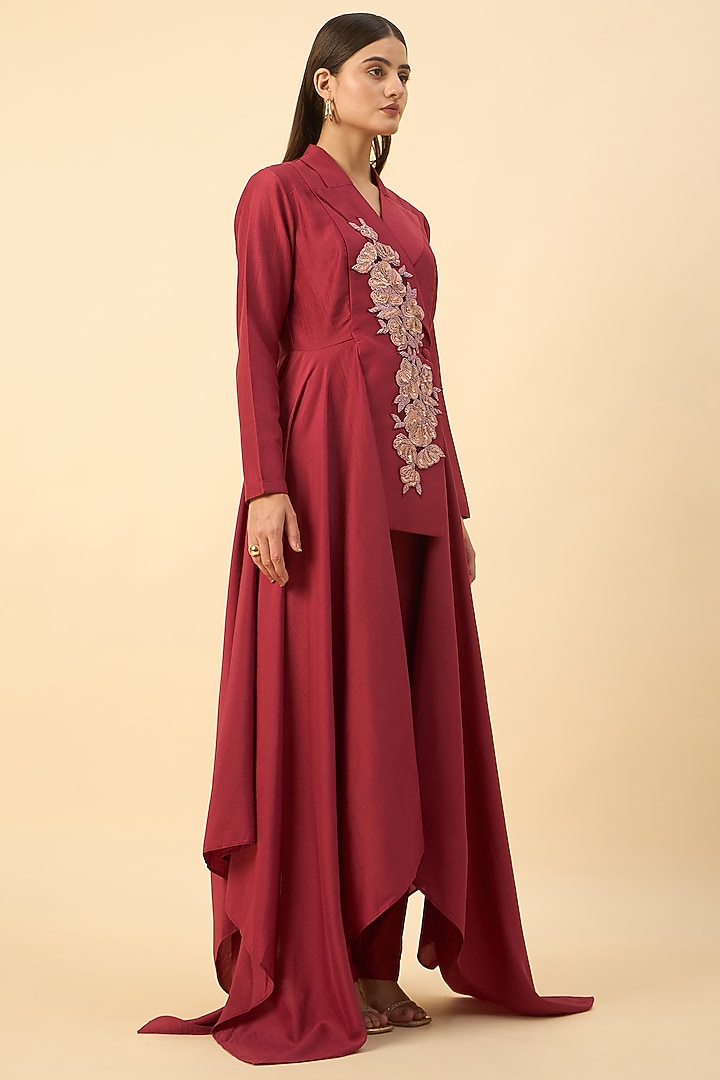 Crimson Red Cotton Silk Floral Embroidered Handkerchief Blazer Tunic Set by Aakaar at Pernia's Pop Up Shop