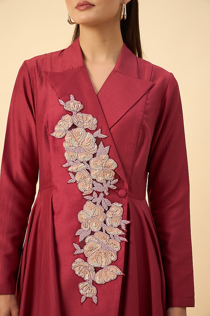 Crimson Red Cotton Silk Floral Embroidered Handkerchief Blazer Tunic Set by Aakaar at Pernia's Pop Up Shop
