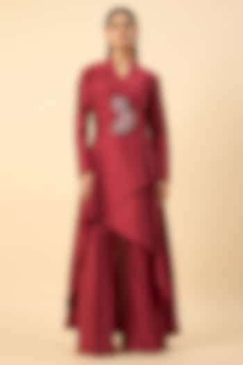 Crimson Red Cotton Silk Floral Embroidered Blazer Tunic Set by Aakaar at Pernia's Pop Up Shop