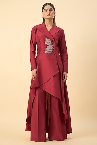 Crimson Red Cotton Silk Floral Embroidered Blazer Tunic Set by Aakaar