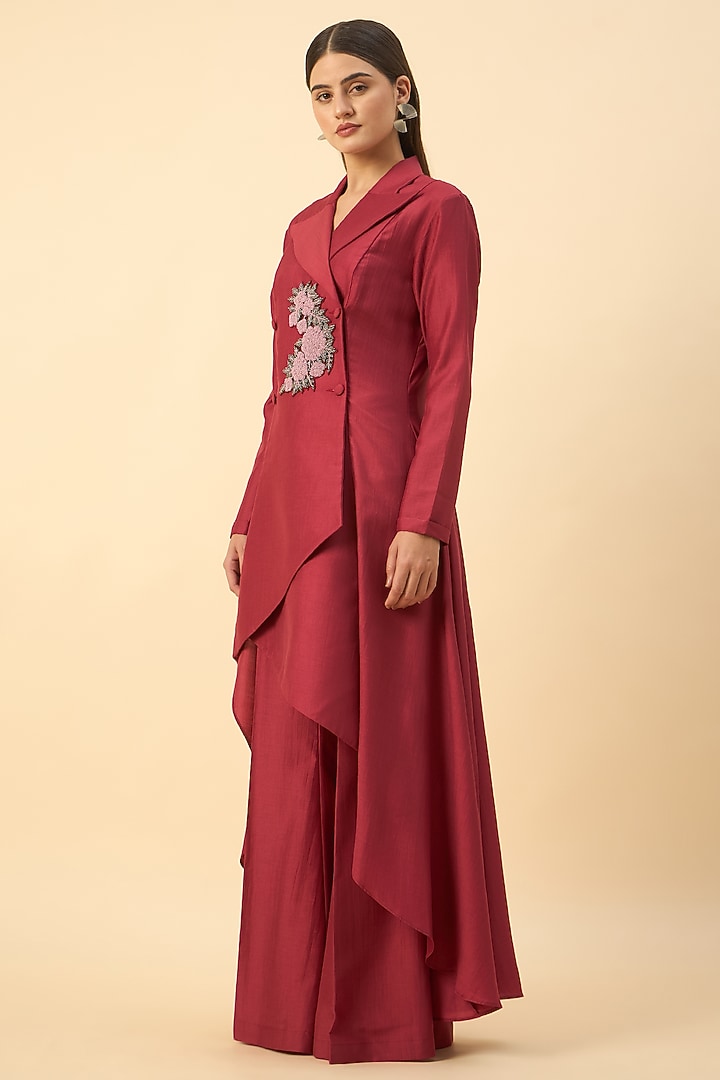 Crimson Red Cotton Silk Floral Embroidered Blazer Tunic Set by Aakaar at Pernia's Pop Up Shop