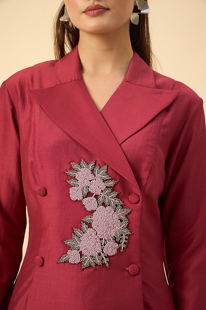 Crimson Red Cotton Silk Floral Embroidered Blazer Tunic Set by Aakaar at Pernia's Pop Up Shop