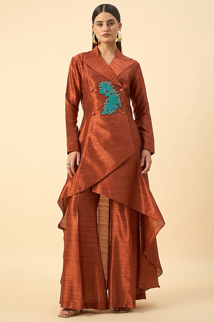 Copper Brown Matka Silk Floral Embroidered Blazer Tunic Set by Aakaar at Pernia's Pop Up Shop