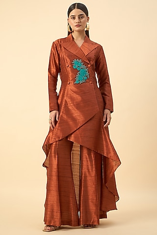 Copper Brown Matka Silk Floral Embroidered Blazer Tunic Set by Aakaar