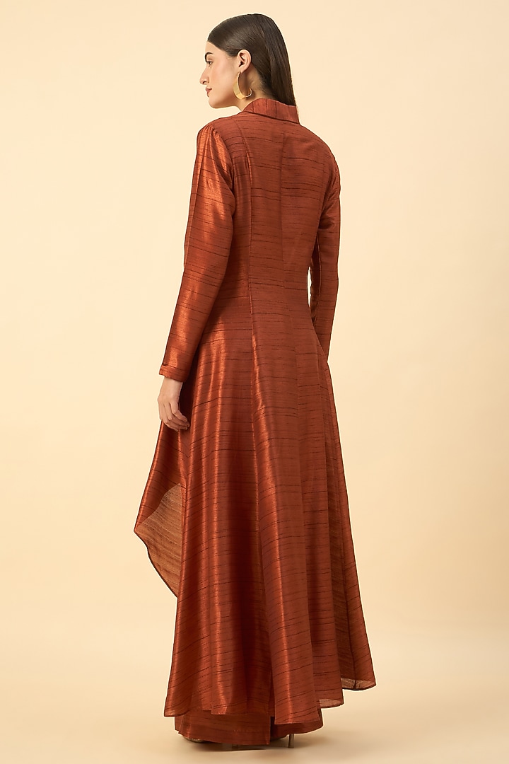 Copper Brown Matka Silk Floral Embroidered Blazer Tunic Set by Aakaar at Pernia's Pop Up Shop