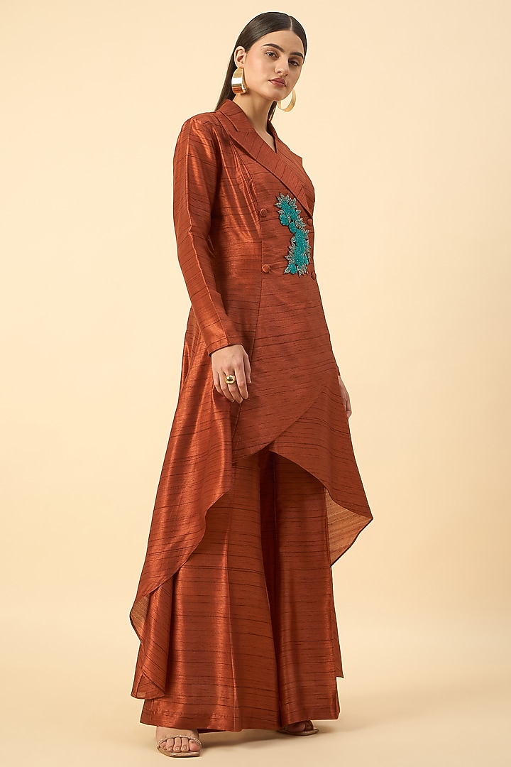 Copper Brown Matka Silk Floral Embroidered Blazer Tunic Set by Aakaar at Pernia's Pop Up Shop