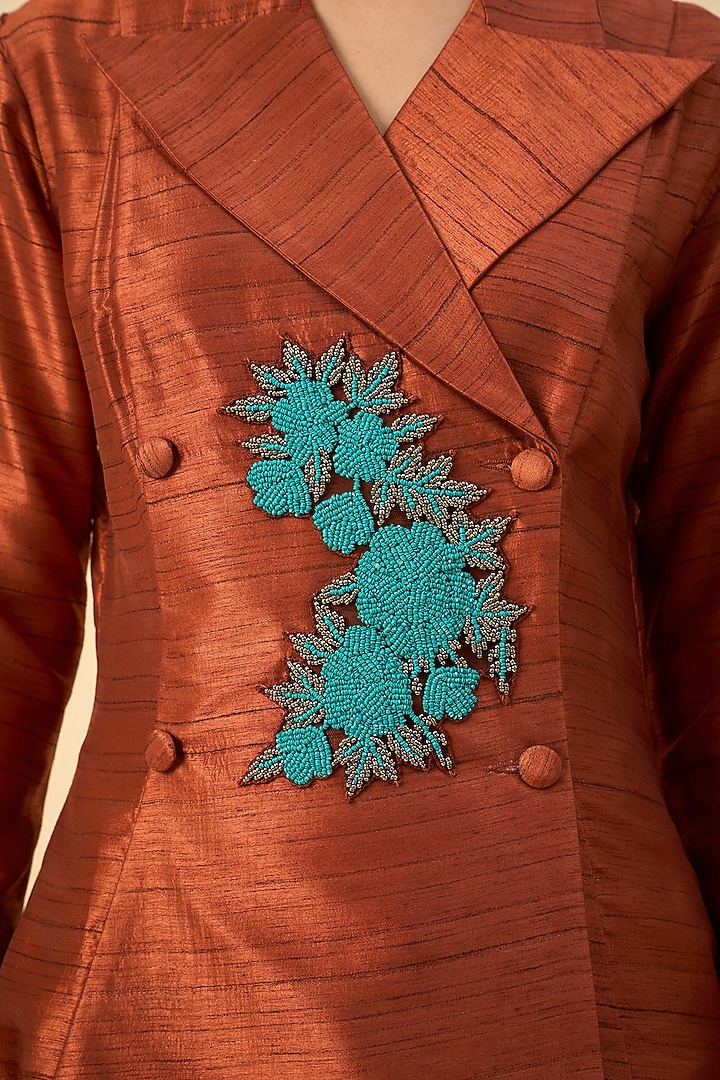 Copper Brown Matka Silk Floral Embroidered Blazer Tunic Set by Aakaar at Pernia's Pop Up Shop
