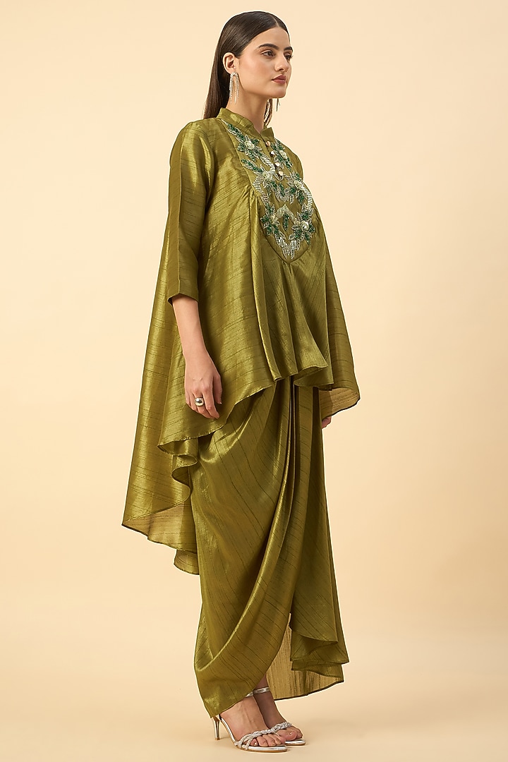 Forest Green Matka Silk Embroidered Tunic Set by Aakaar at Pernia's Pop Up Shop