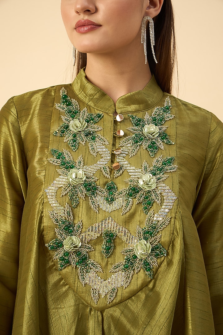 Forest Green Matka Silk Embroidered Tunic Set by Aakaar at Pernia's Pop Up Shop