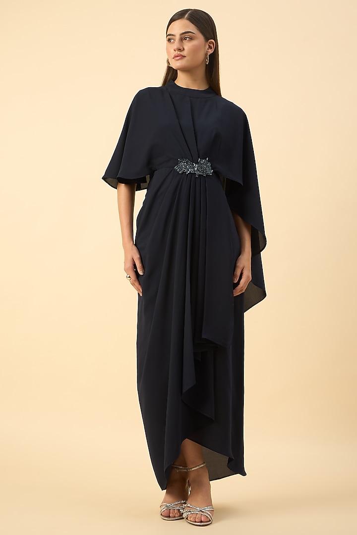 Navy Moss Crepe Crystal Draped Maxi Summer Dress by Aakaar at Pernia's Pop Up Shop
