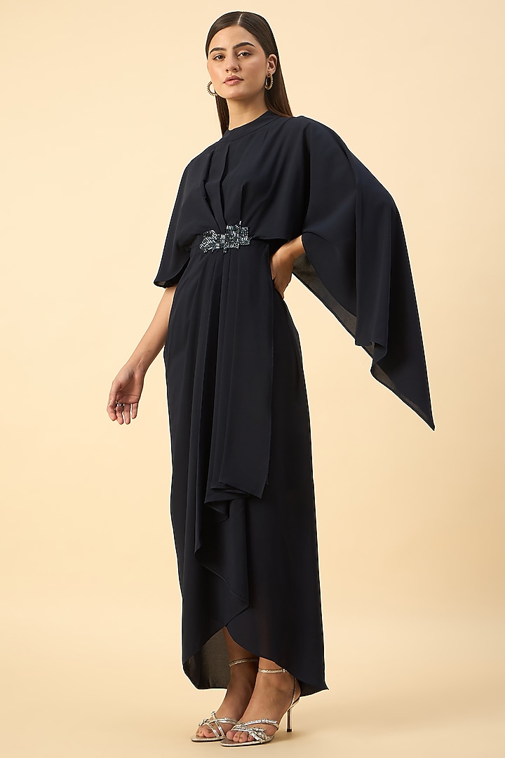 Navy Moss Crepe Crystal Draped Maxi Summer Dress by Aakaar at Pernia's Pop Up Shop