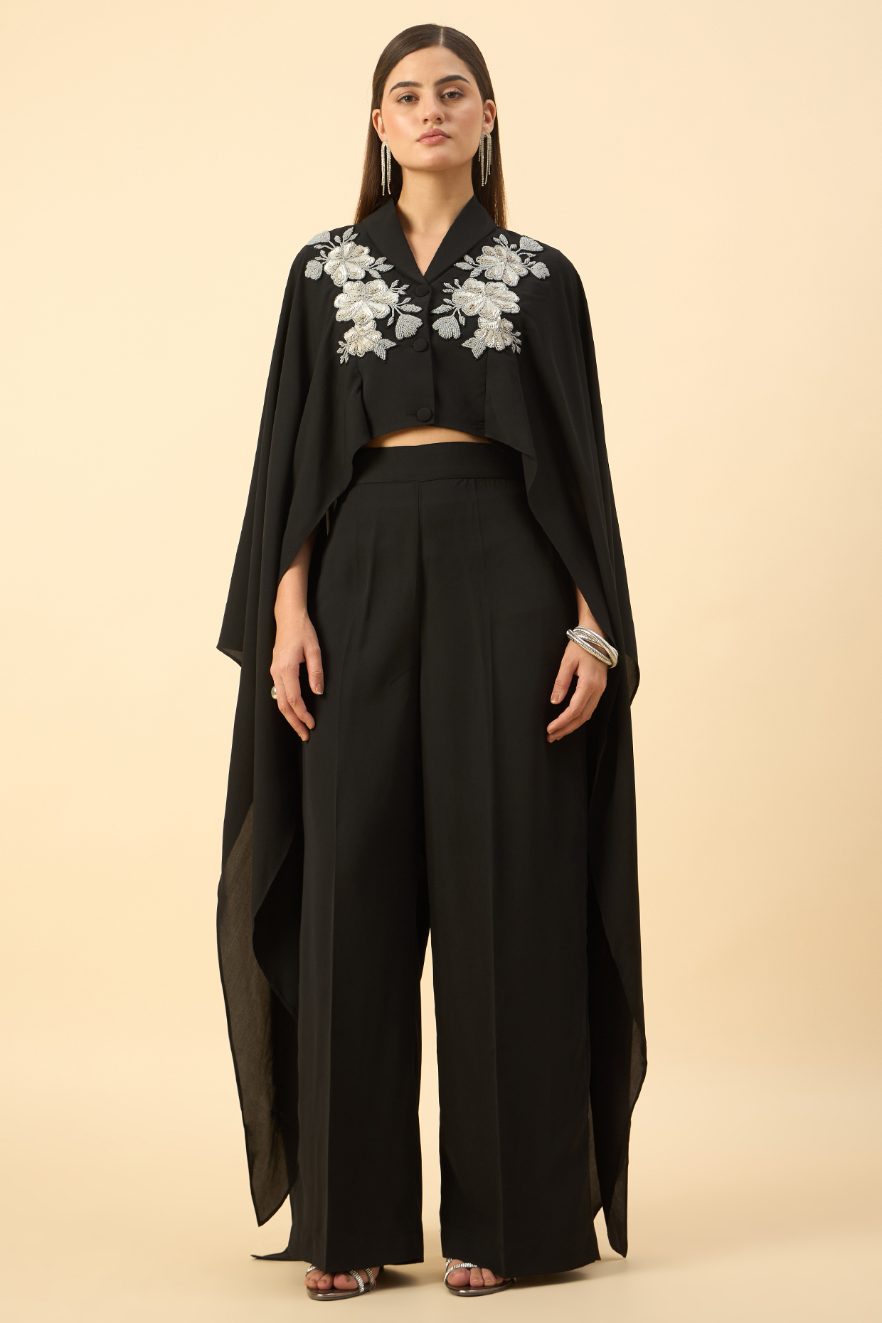 Black Moss Crepe Flared Pant Set by Aakaar at Pernia's Pop Up Shop