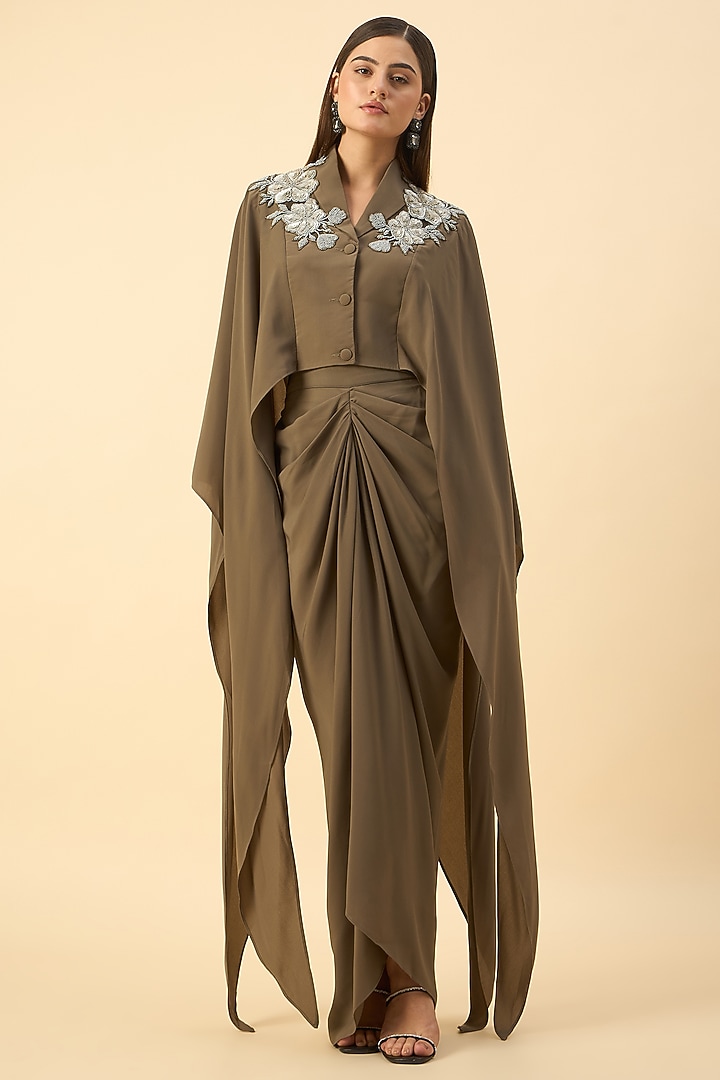 Olive Green Moss Crepe Draped Skirt Set by Aakaar at Pernia's Pop Up Shop