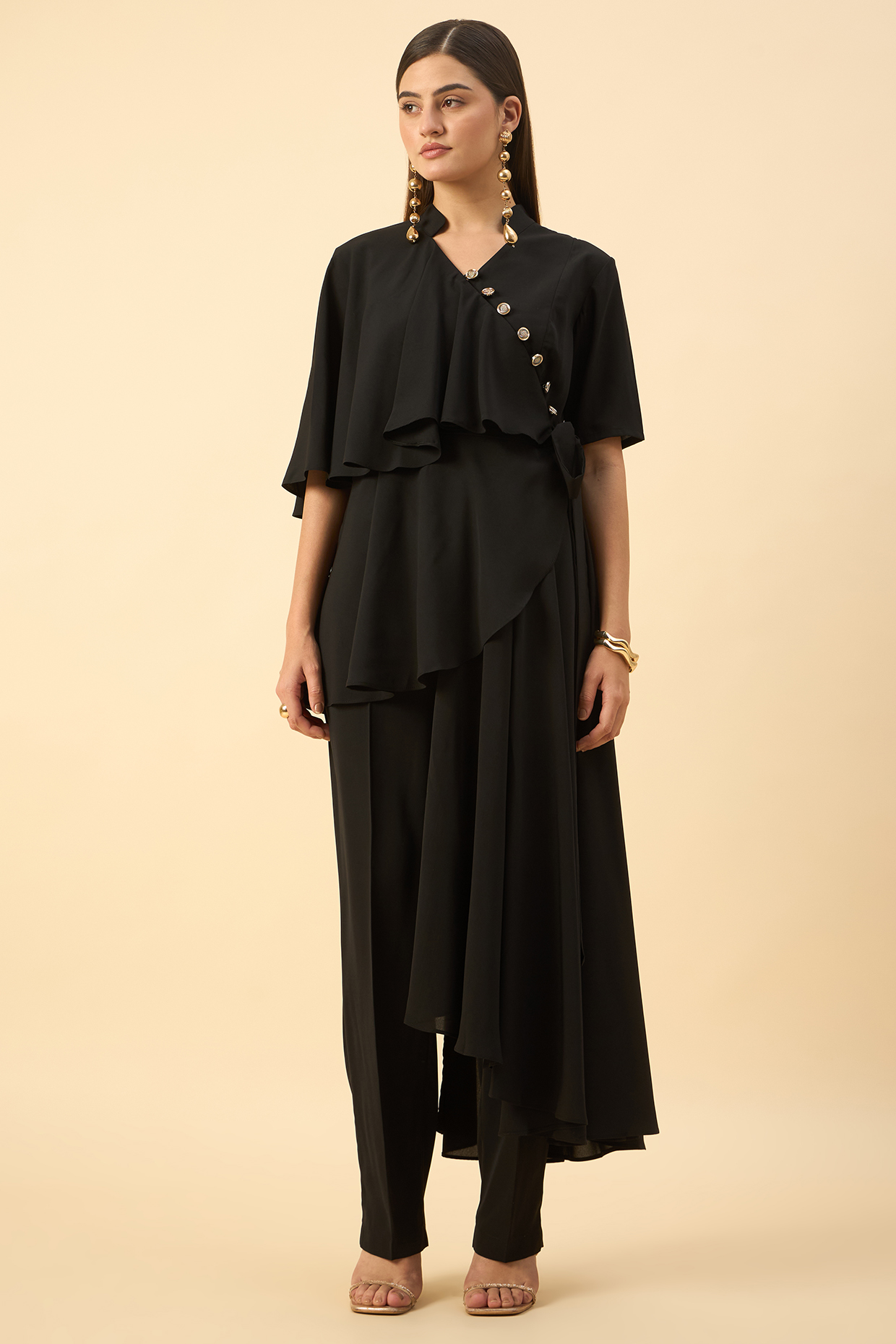 Black Moss Crepe Flared Draped Tunic Set by Aakaar at Pernia's Pop Up Shop
