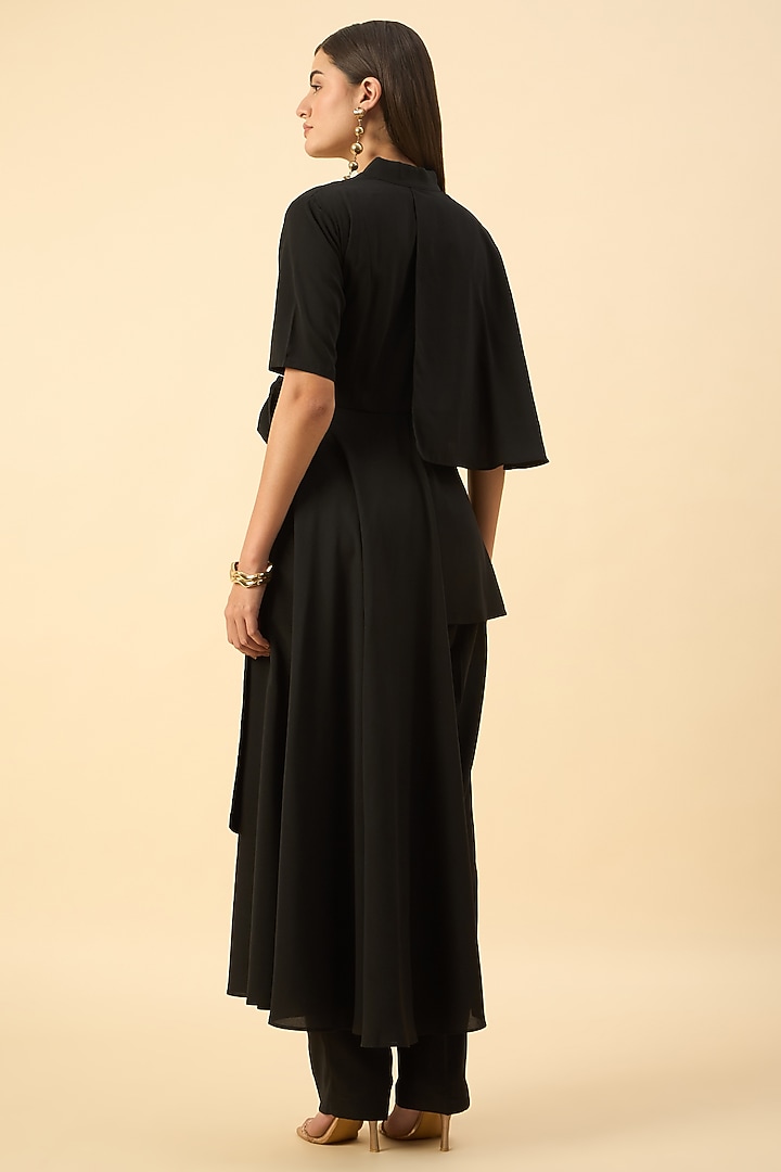 Black Moss Crepe Flared Draped Tunic Set by Aakaar at Pernia's Pop Up Shop