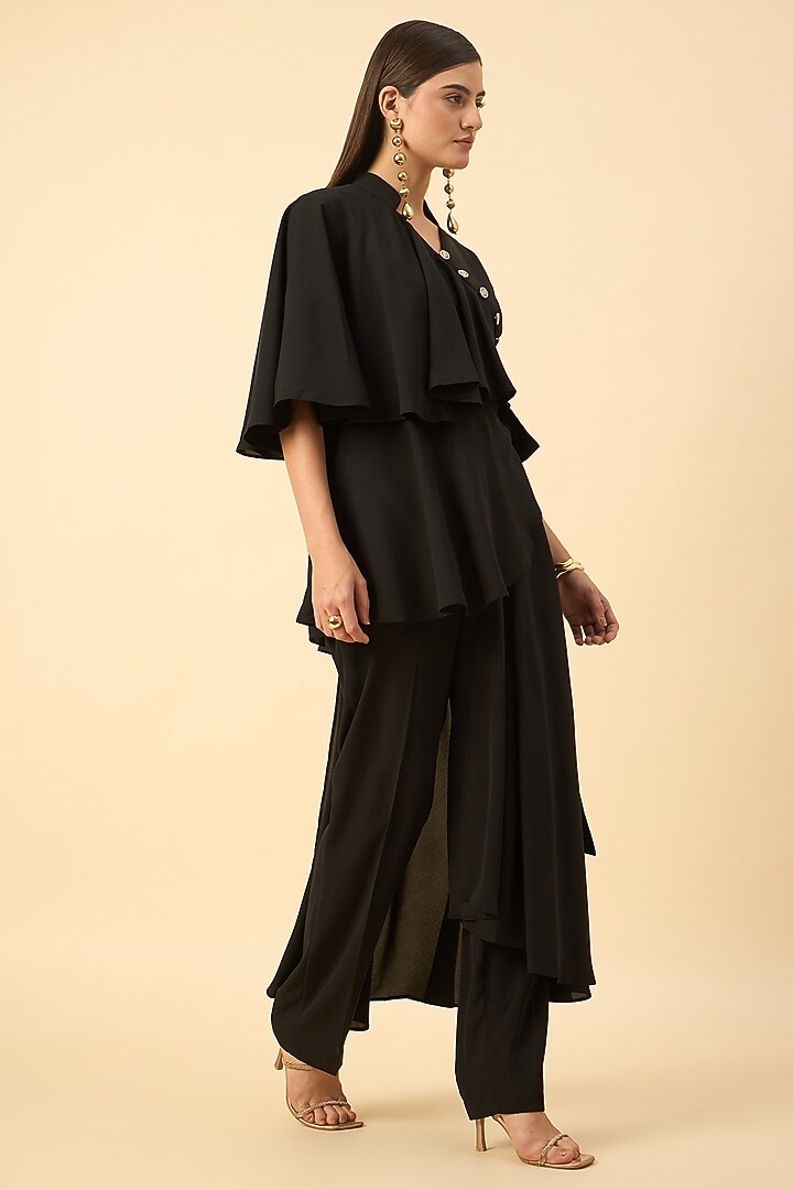 Black Moss Crepe Flared Draped Tunic Set by Aakaar at Pernia's Pop Up Shop