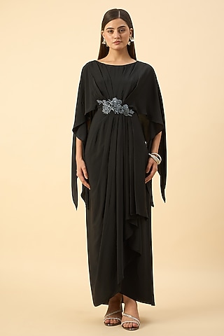 Black Pure Silk Crepe Crystal Draped Maxi Dress by Aakaar