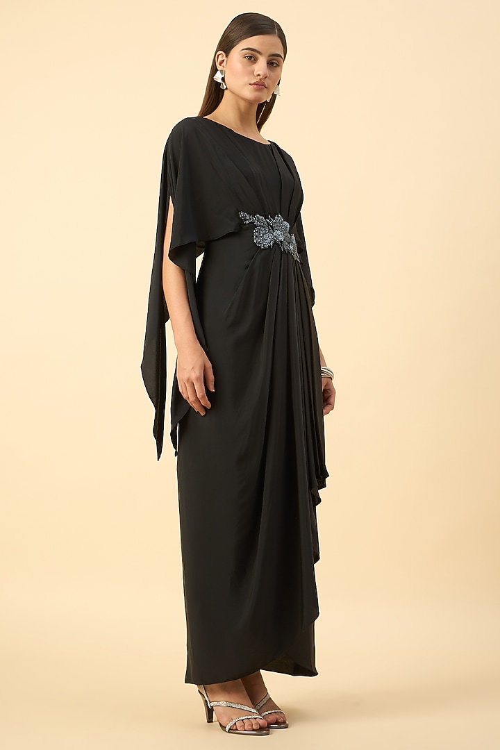 Black Pure Silk Crepe Crystal Draped Maxi Summer Dress by Aakaar at Pernia's Pop Up Shop