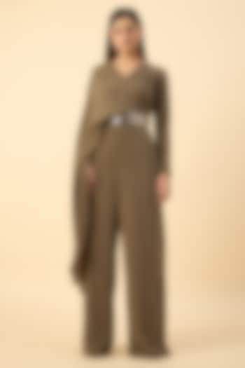 Olive Green Moss Crepe Pleated Draped Jumpsuit by Aakaar at Pernia's Pop Up Shop