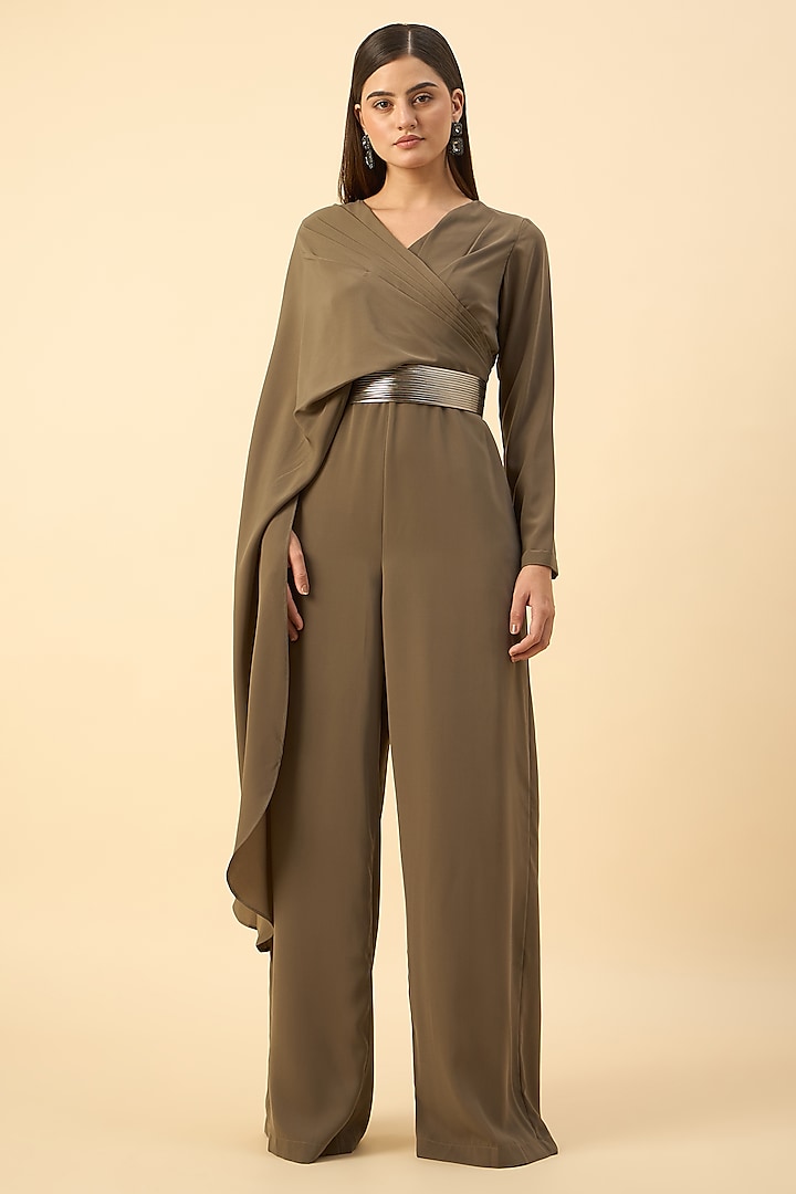 Olive Green Moss Crepe Pleated Draped Jumpsuit by Aakaar at Pernia's Pop Up Shop