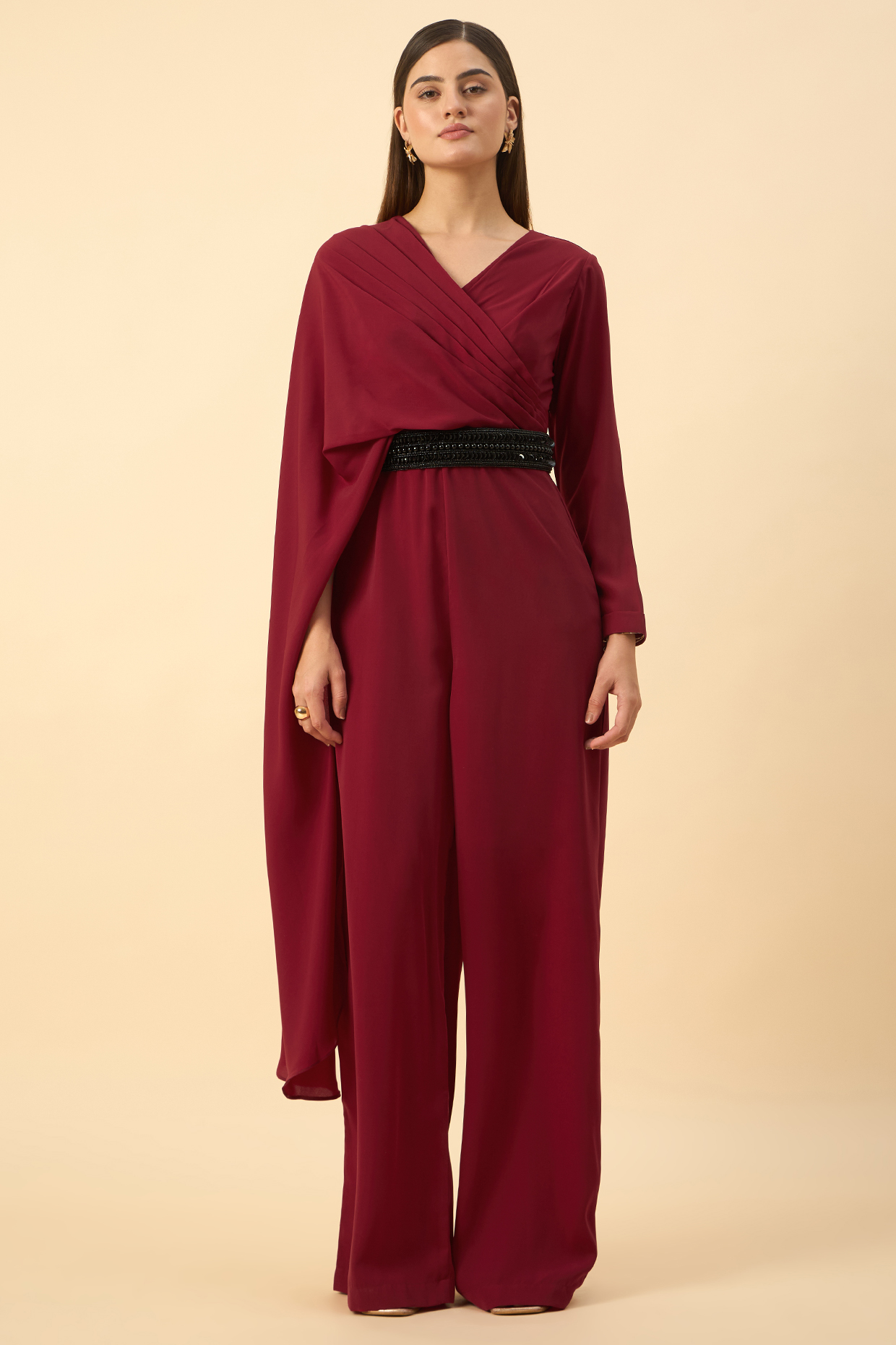 Red Moss Crepe Pleated Draped Jumpsuit by Aakaar at Pernia's Pop Up Shop