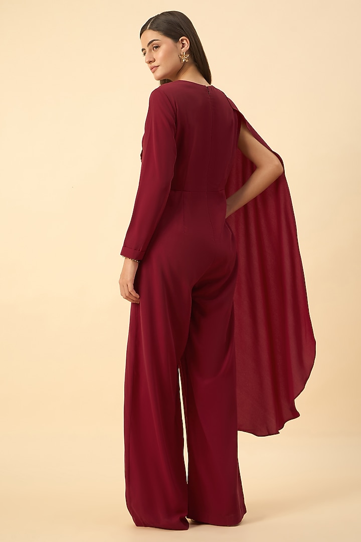Red Moss Crepe Pleated Draped Jumpsuit by Aakaar at Pernia's Pop Up Shop