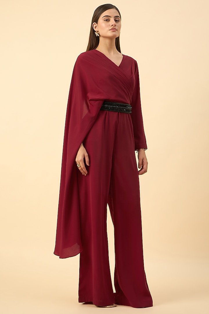 Red Moss Crepe Pleated Draped Jumpsuit by Aakaar at Pernia's Pop Up Shop
