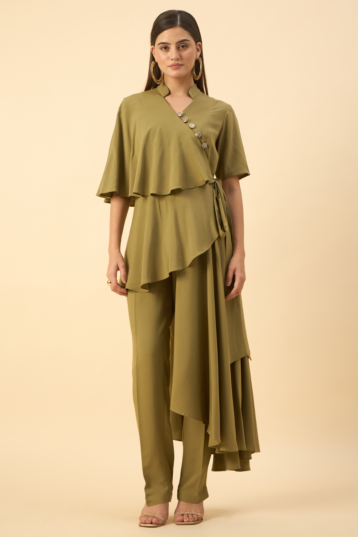 Fern Green Moss Crepe Flared Tunic Set by Aakaar at Pernia's Pop Up Shop