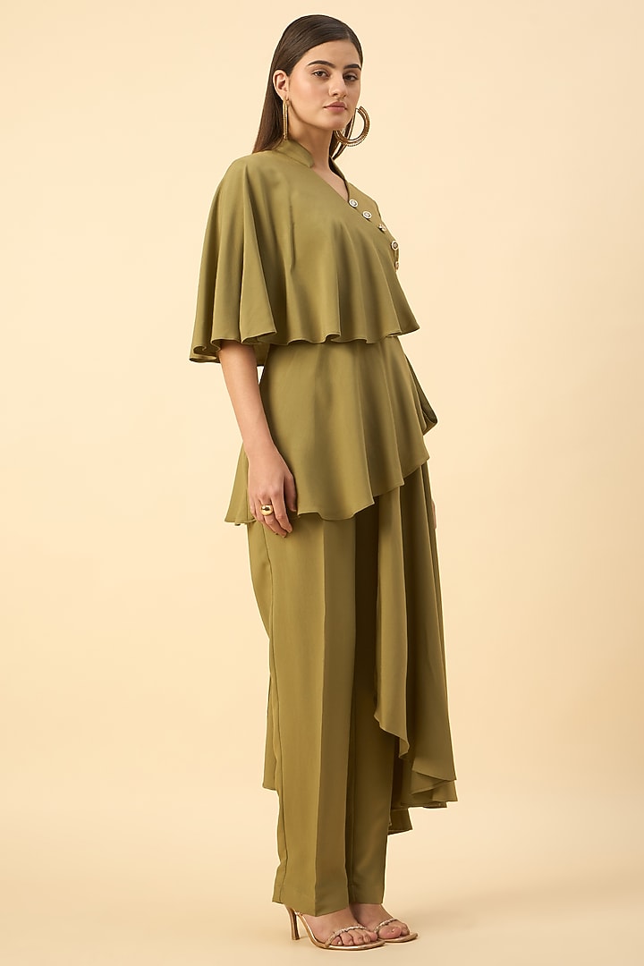 Fern Green Moss Crepe Flared Tunic Set by Aakaar at Pernia's Pop Up Shop
