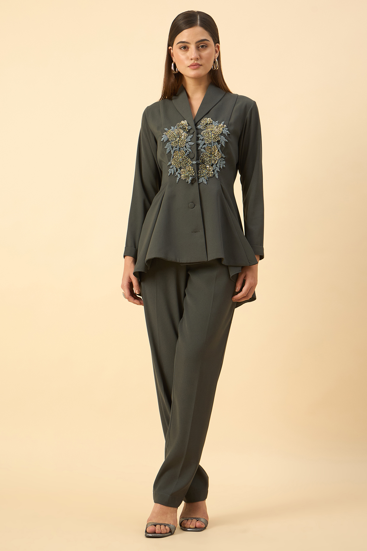 Grey Moss Crepe Blazer Set by Aakaar at Pernia's Pop Up Shop