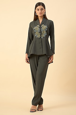 Grey Moss Crepe Blazer Set by Aakaar