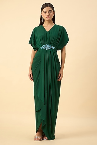 Emerald Green Pure Silk Crepe Draped Dress by Aakaar