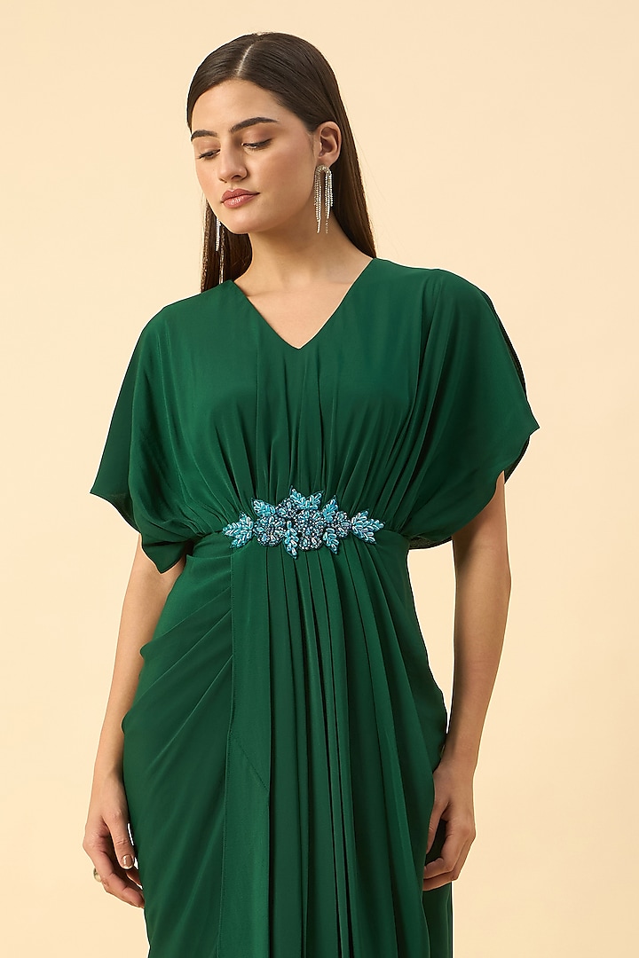 Emerald Green Pure Silk Crepe Draped Summer Dress by Aakaar at Pernia's Pop Up Shop