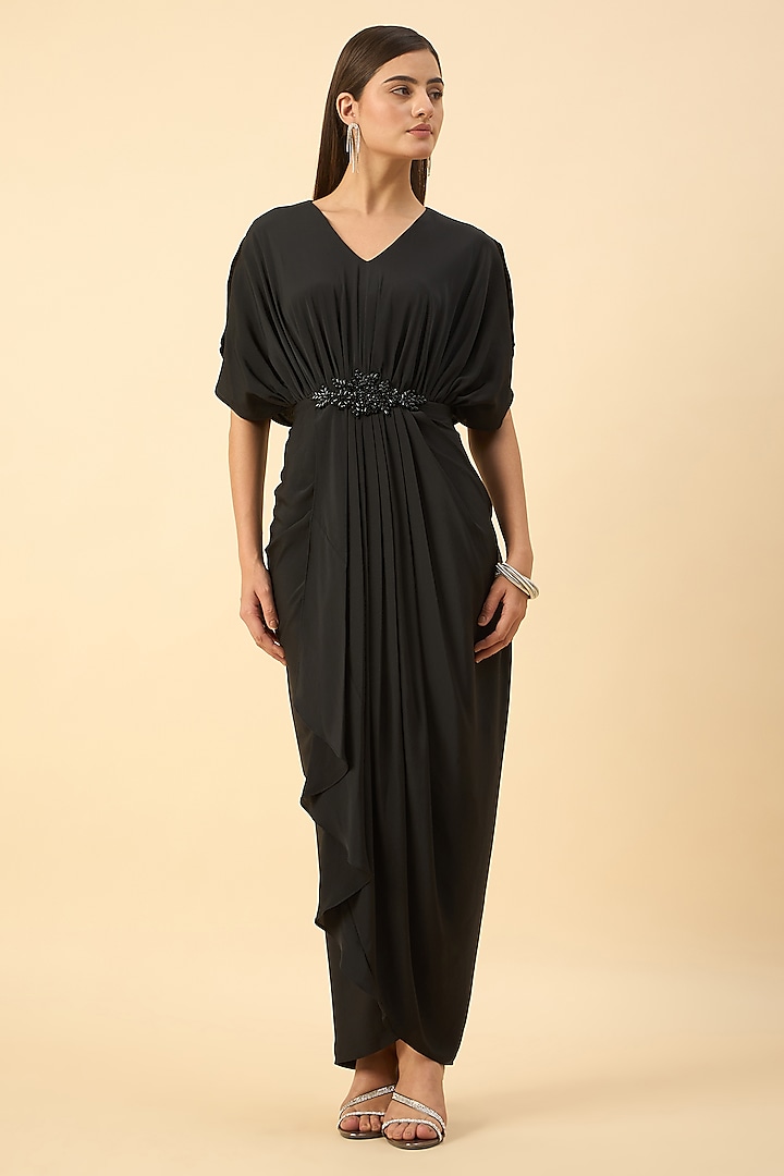 Black Pure Silk Crepe Crystal Draped Summer Dress by Aakaar at Pernia's Pop Up Shop