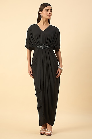 Black Pure Silk Crepe Crystal Draped Dress by Aakaar