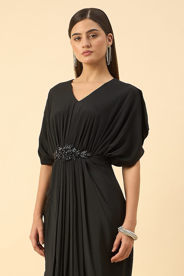 Black Pure Silk Crepe Crystal Draped Summer Dress by Aakaar at Pernia's Pop Up Shop
