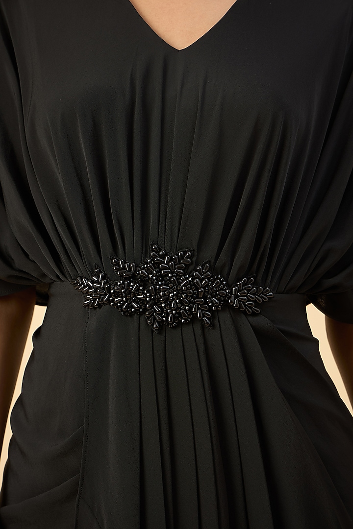 Black Pure Silk Crepe Crystal Draped Summer Dress by Aakaar at Pernia's Pop Up Shop