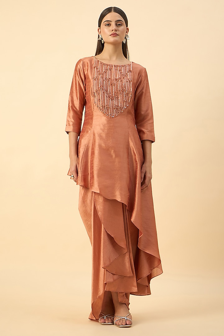 Orange Matka Silk Embroidered Tunic Set by Aakaar at Pernia's Pop Up Shop