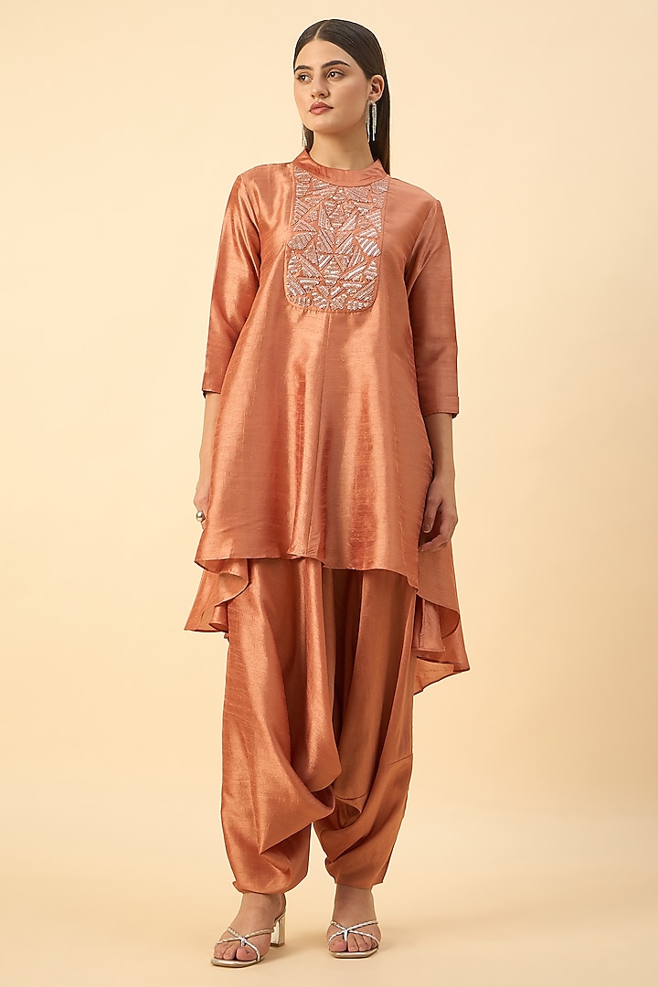 Orange Matka Silk Embroidered Tunic Set by Aakaar at Pernia's Pop Up Shop