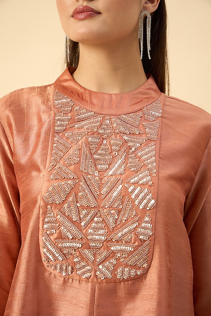 Orange Matka Silk Embroidered Tunic Set by Aakaar at Pernia's Pop Up Shop