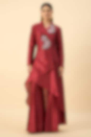 Crimson Red Cotton Silk Floral Embroidered Blazer Tunic Set by Aakaar at Pernia's Pop Up Shop