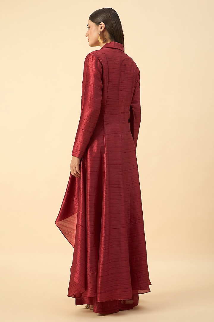 Crimson Red Cotton Silk Floral Embroidered Blazer Tunic Set by Aakaar at Pernia's Pop Up Shop