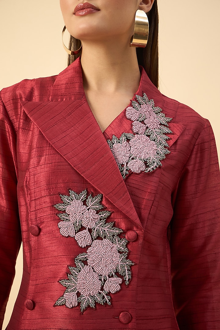 Crimson Red Cotton Silk Floral Embroidered Blazer Tunic Set by Aakaar at Pernia's Pop Up Shop