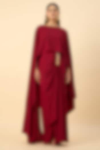 Red Moss Crepe Draped Summer Dress by Aakaar at Pernia's Pop Up Shop