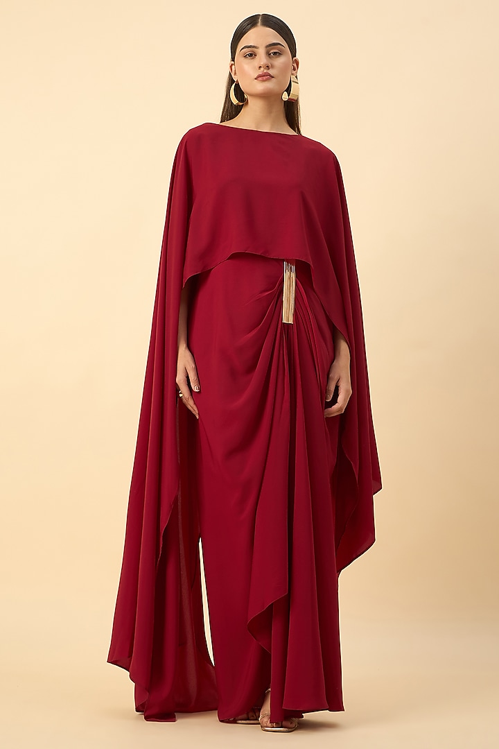 Red Moss Crepe Draped Summer Dress by Aakaar at Pernia's Pop Up Shop