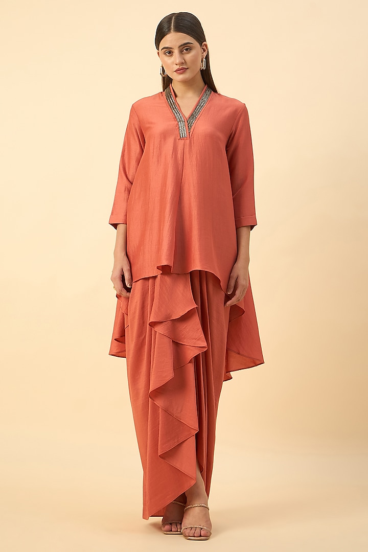 Orange Cotton Silk Embroidered Tunic Set by Aakaar at Pernia's Pop Up Shop
