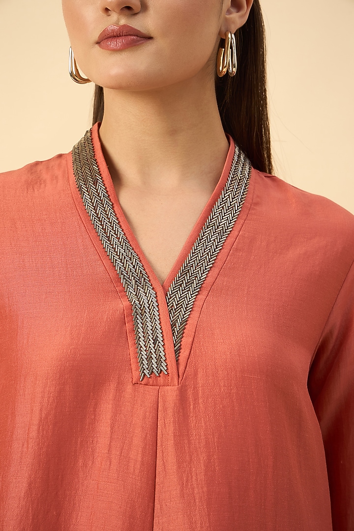 Orange Cotton Silk Embroidered Tunic Set by Aakaar at Pernia's Pop Up Shop