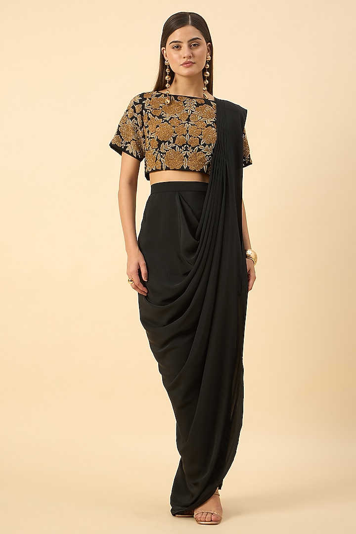 Black Pure Silk Crepe Cowl Draped Skirt Party Wear Saree Set by Aakaar at Pernia's Pop Up Shop