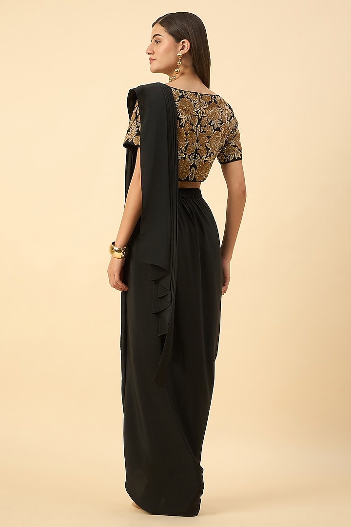 Black Pure Silk Crepe Cowl Draped Skirt Party Wear Saree Set by Aakaar at Pernia's Pop Up Shop